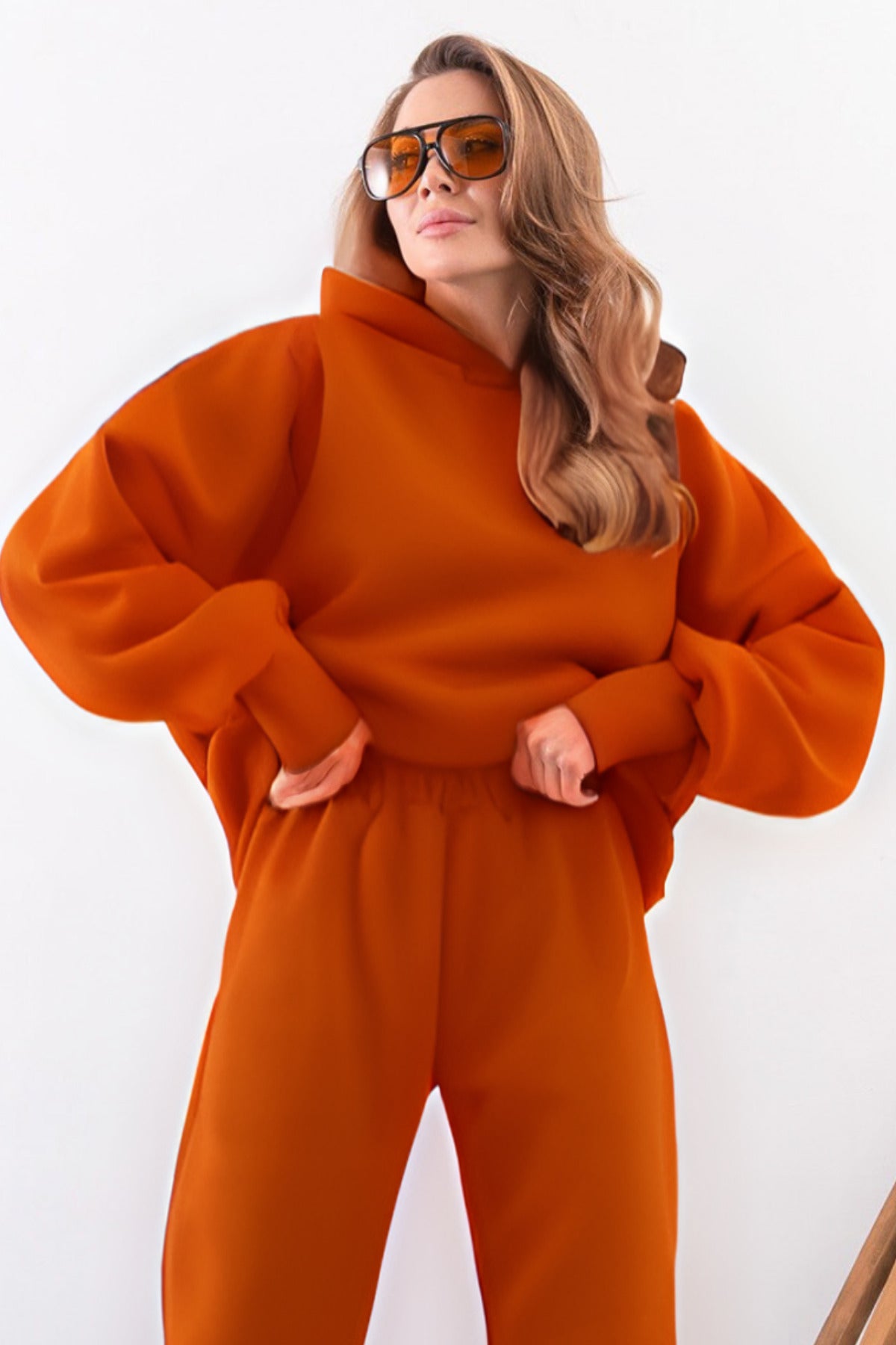 Kadın Esnek Rahat Kalıp Basic Model Sweatshirt - Turuncu - 1