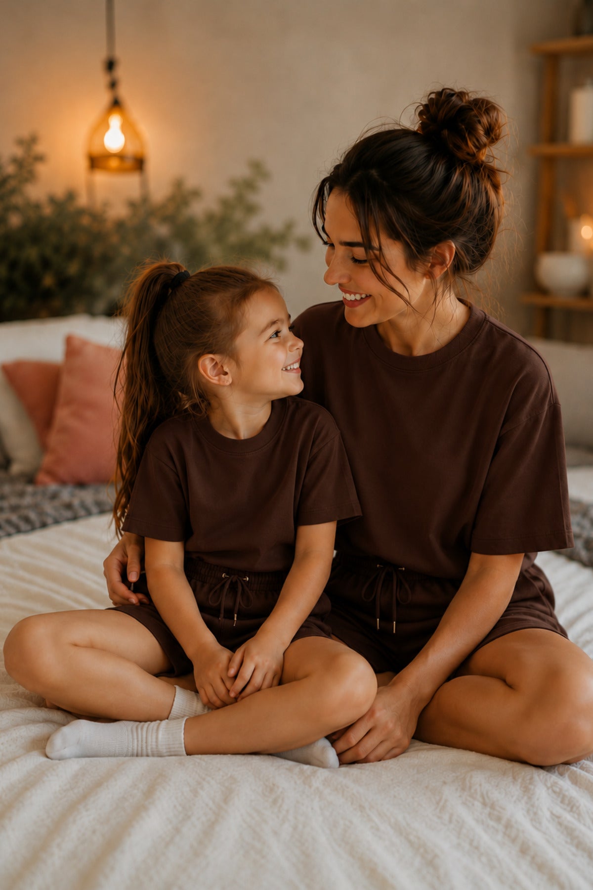 Anne Çocuk Kisa Kollu Oversize Esnek Rahat Beli̇ Bağcikli Modern Kesi̇m Trend Yazlik Günlük Alt Üst Takim - Kahverengi - 4