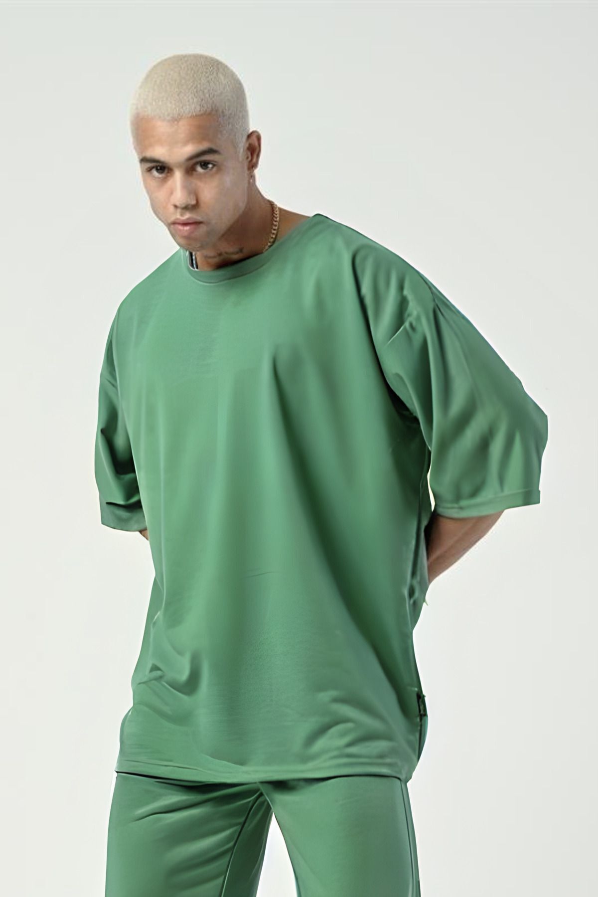 Erkek Oversize Penye Nefes Alan T-shirt - Yeşil - 2