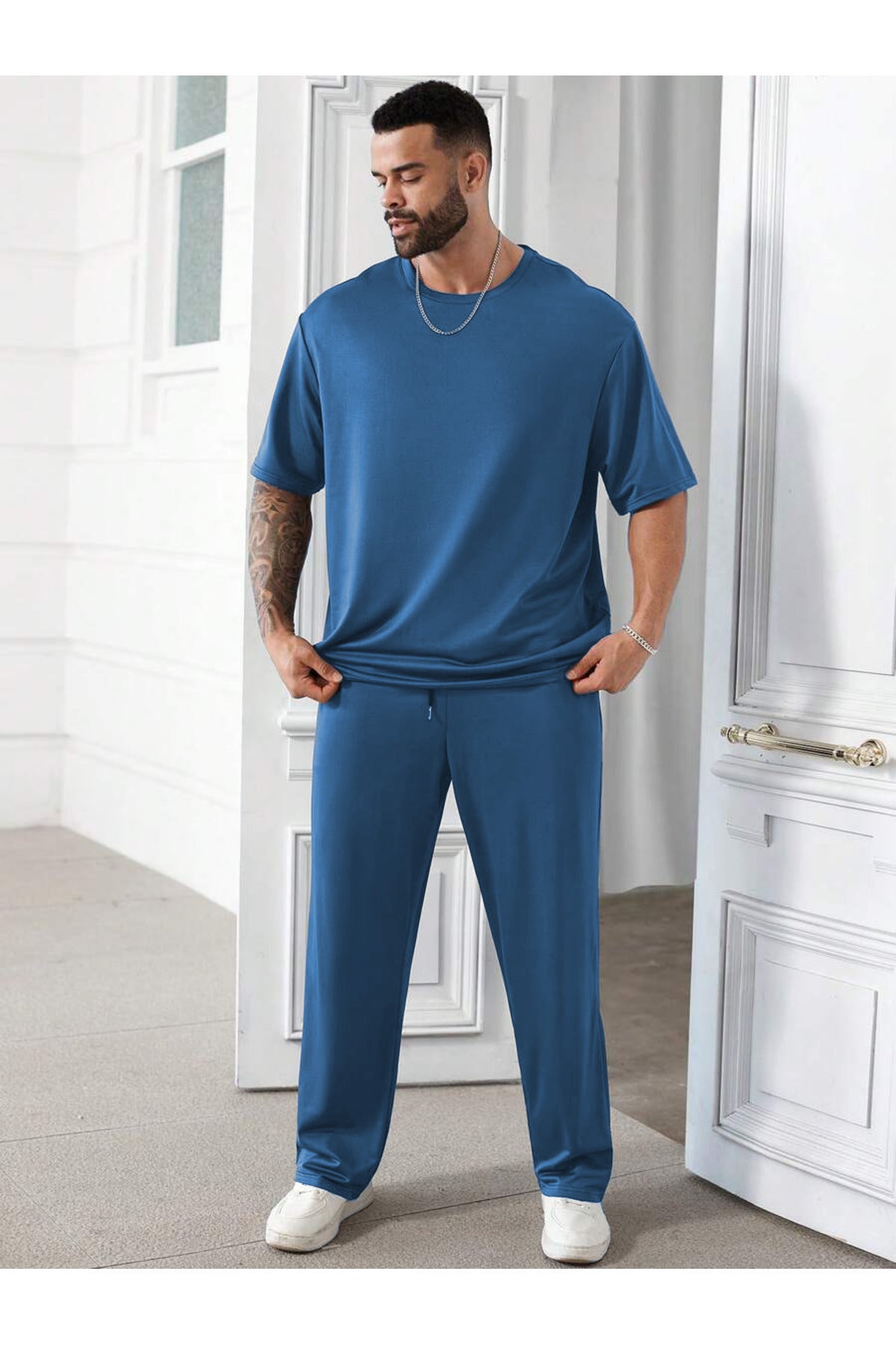 Erkek Bisiklet Yaka Pijama Takımı - Mavi - 2