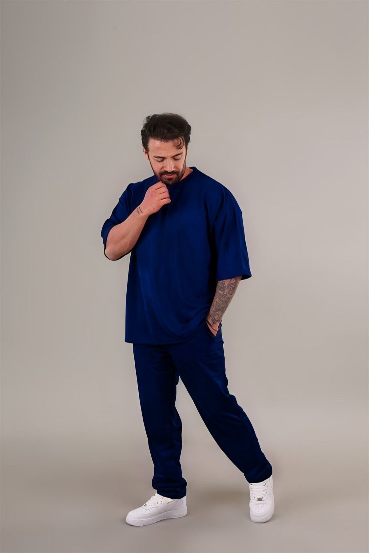 Erkek Lacivert Batik Oversize Kısa Kollu T-shirt Pijama Takımı - Lacivert - 5