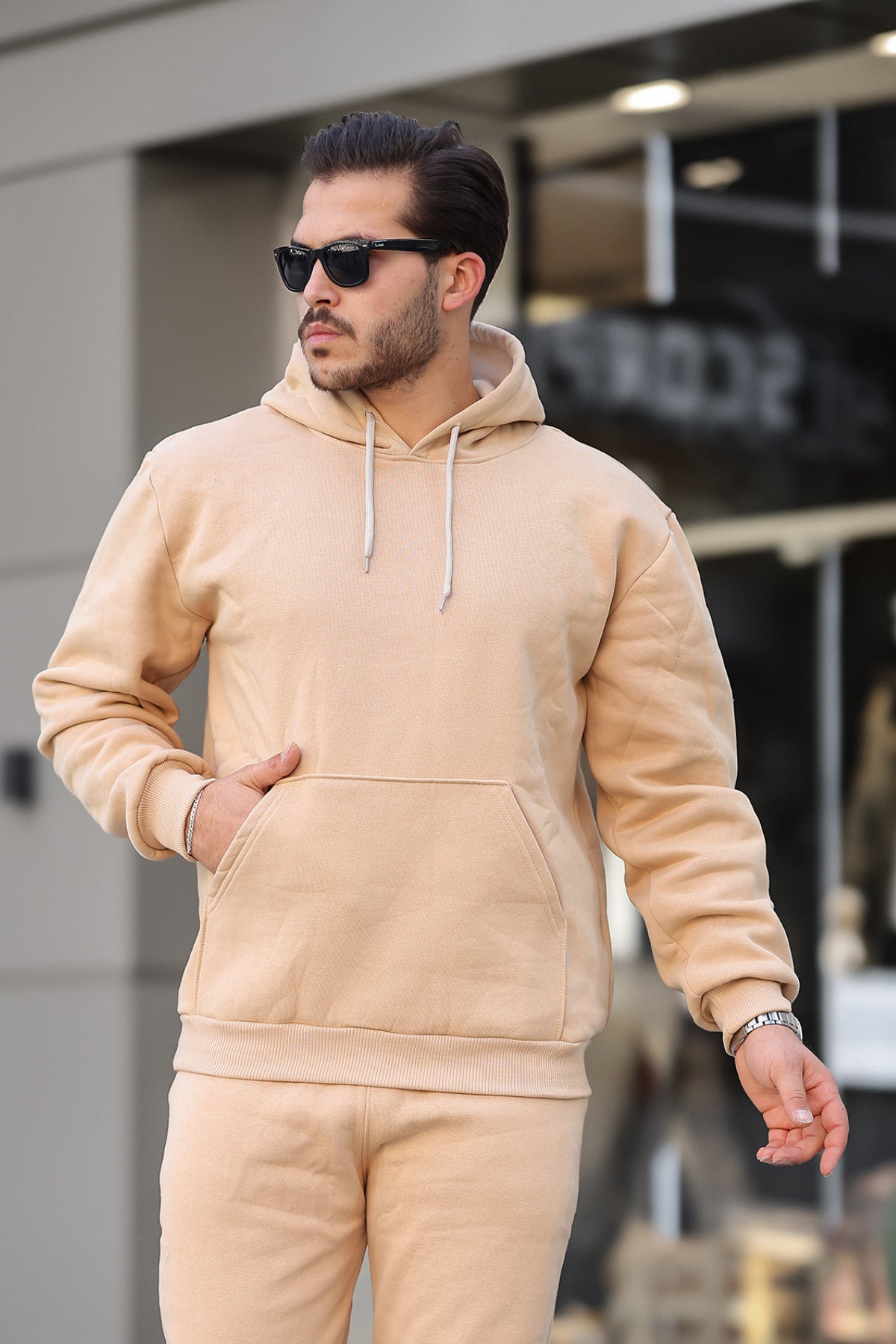 Erkek Bol Kesim Oversize 3 İ̇plik İ̇çi Pamuklu Şardonlu Kanguru Cep Kapşonlu Kışlık Hoodie Sweatshirt - Vizon - 1