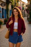 Kadın Fermuarlı Oversize Bomber Basic Mevsimlik Günlük Ceket - Bordo - 1