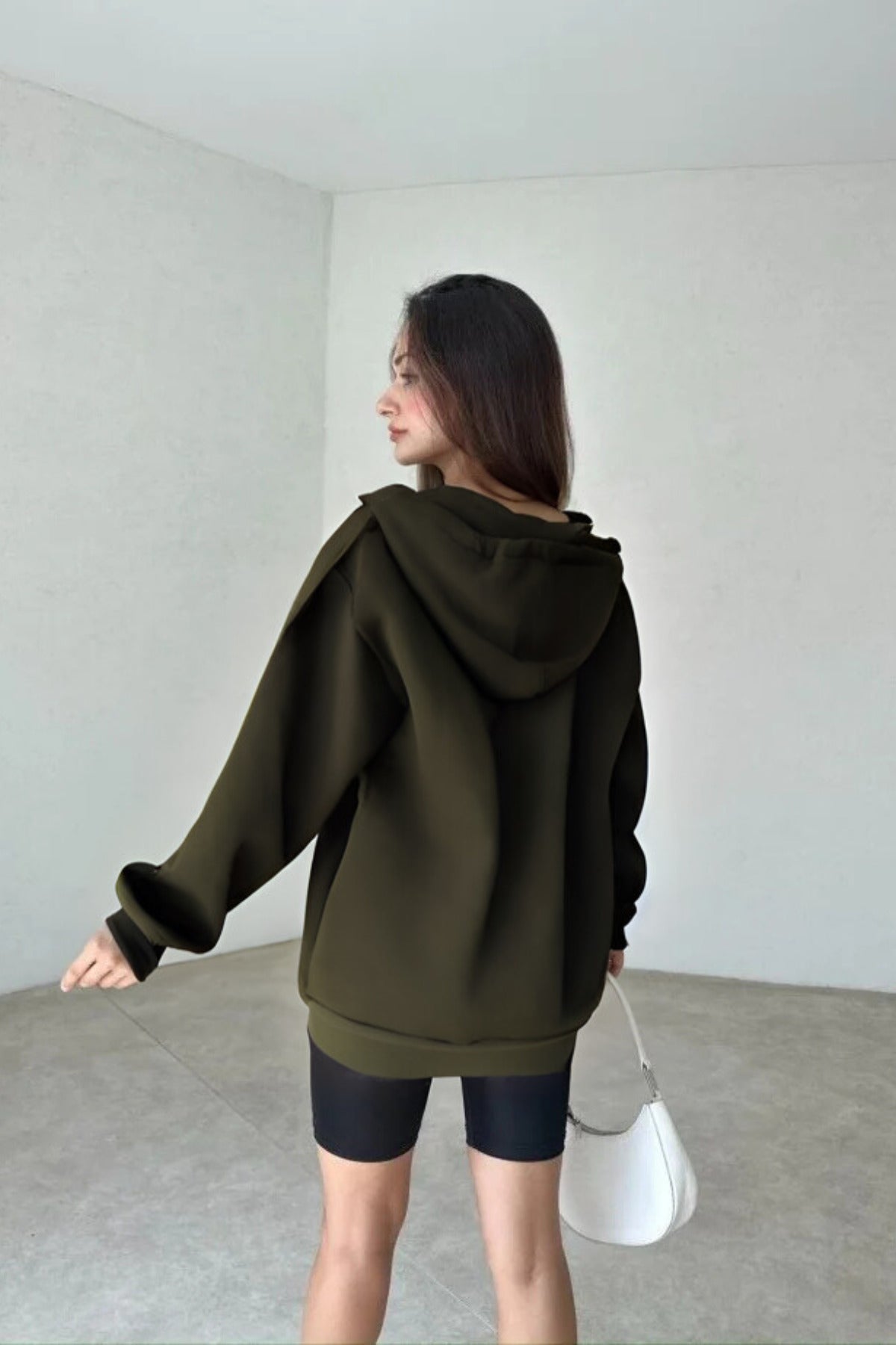 Kadın 3 İ̇plik Oversize Kapüşonlu Fermuarlı Hırka Sweatshirt - Haki - 2
