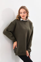 Kadın 3 İ̇plik Bisiklet Yaka Uzun Kollu Sweatshirt - Haki - 2