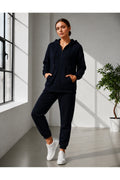 Kadin 3 İ̇pli̇ş Kapüşonlu Fermuarli Sweatshirt Hirka Yüksek Bel Jogger Eşofman Takimi - Lacivert - 1