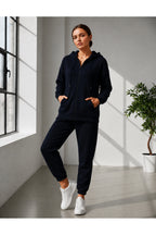 Kadin 3 İ̇pli̇ş Kapüşonlu Fermuarli Sweatshirt Hirka Yüksek Bel Jogger Eşofman Takimi - Lacivert - 1