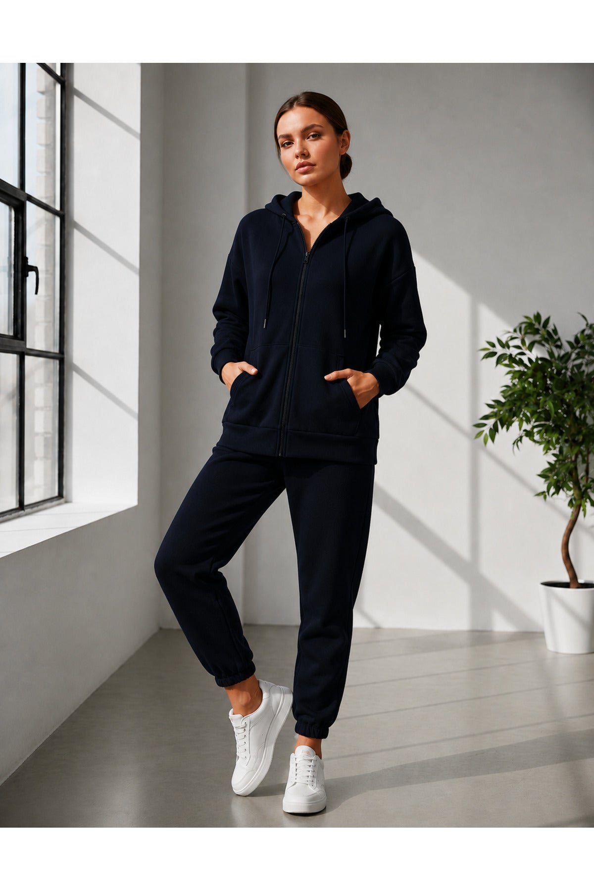 Kadin 3 İ̇pli̇ş Kapüşonlu Fermuarli Sweatshirt Hirka Yüksek Bel Jogger Eşofman Takimi - Lacivert - 1