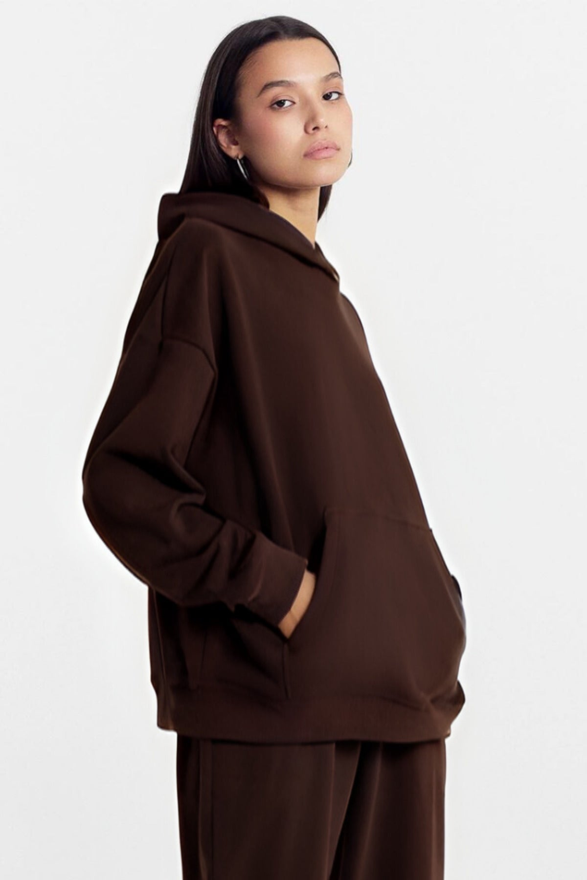 Kadın Baskısız Düz İ̇çi Şardonlu Kalın Kışlık Sweatshirt - Kahverengi - 2