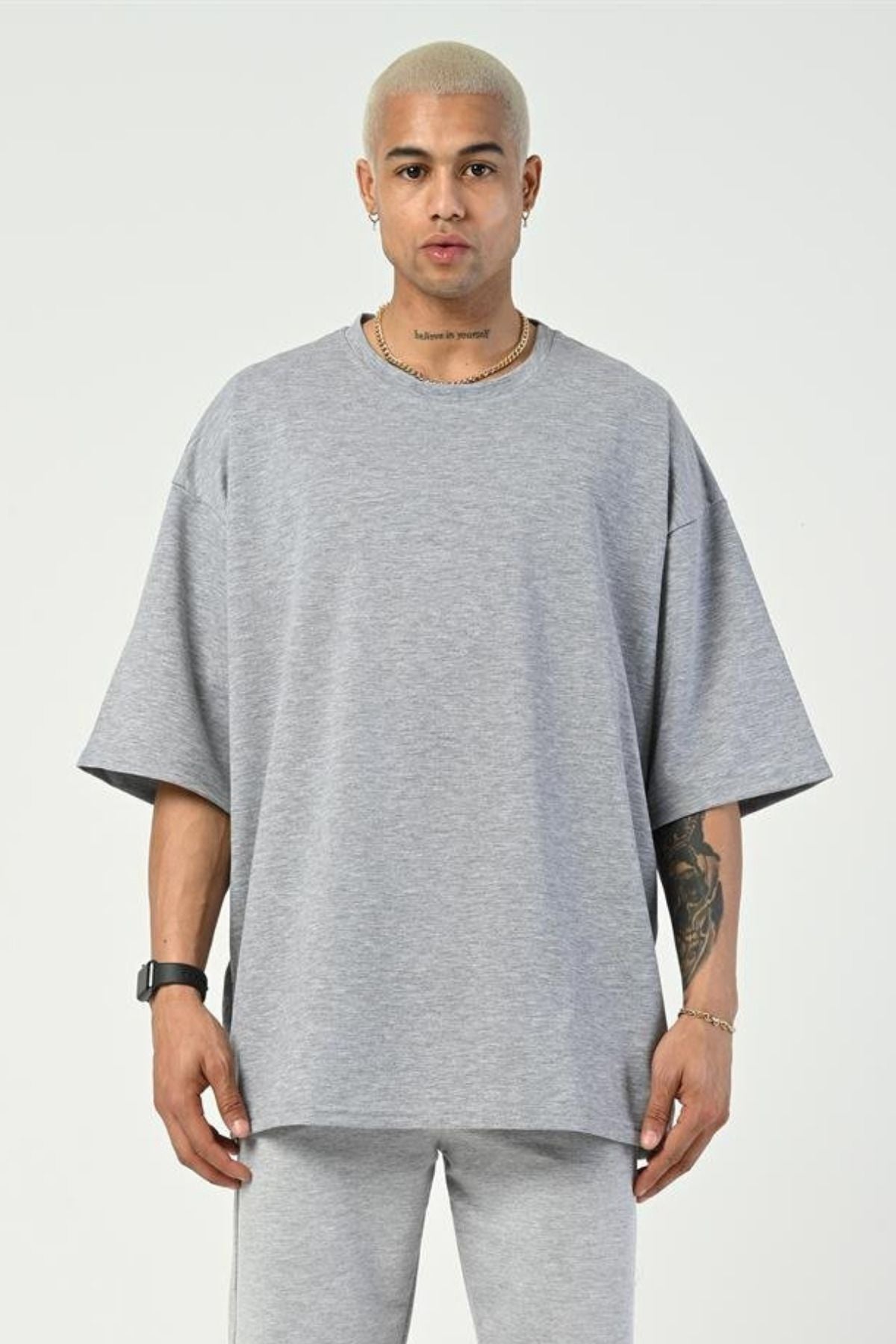 Erkek Oversize Penye Nefes Alan T-shirt - Gri - 1