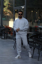 Erkek Unisex 3 İ̇plik Gri̇ Takim Bisiklet Yaka Sweatshirt Ve Eşofman Altı - Gri - 1