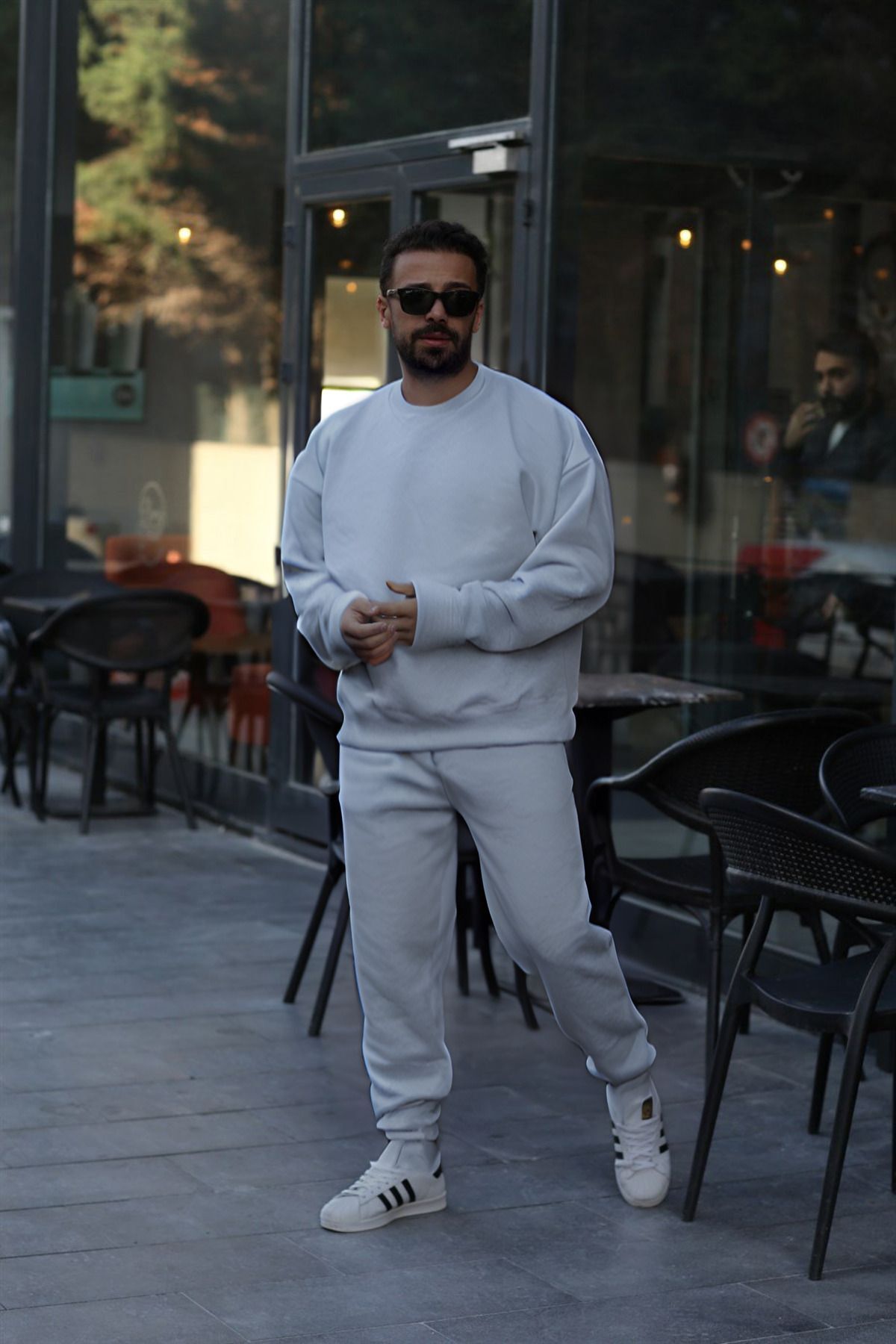 Erkek Unisex 3 İ̇plik Gri̇ Takim Bisiklet Yaka Sweatshirt Ve Eşofman Altı - Gri - 1