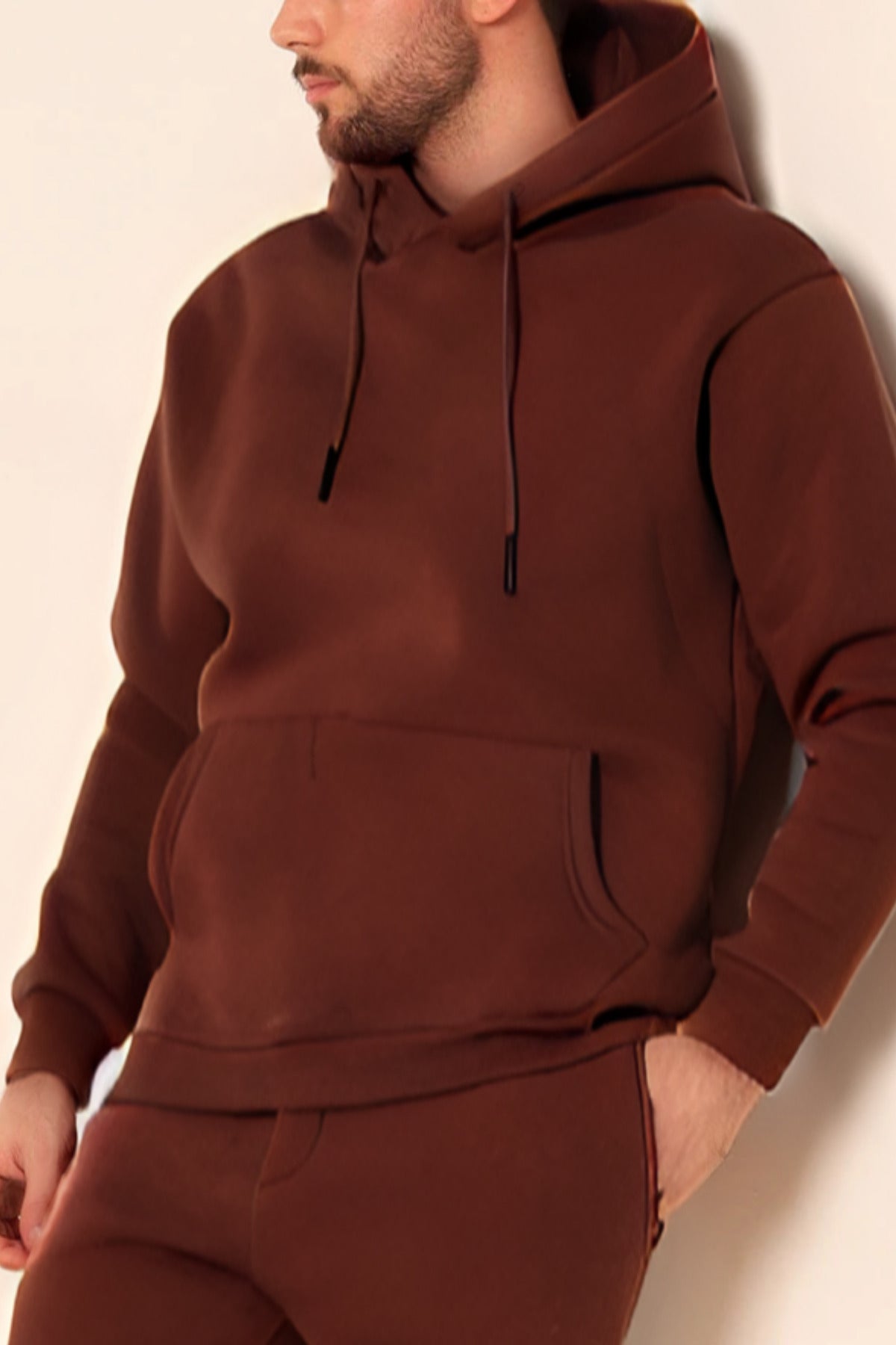 Erkek Rahat Kalın Pamuklu Kışlık Sweatshirt - Kahverengi - 1