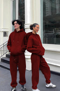 Kadın Erkek Trend Model Çiftlere Özel 3 İ̇plik Oversize Tekli Eşofman Takımı - Bordo - 1