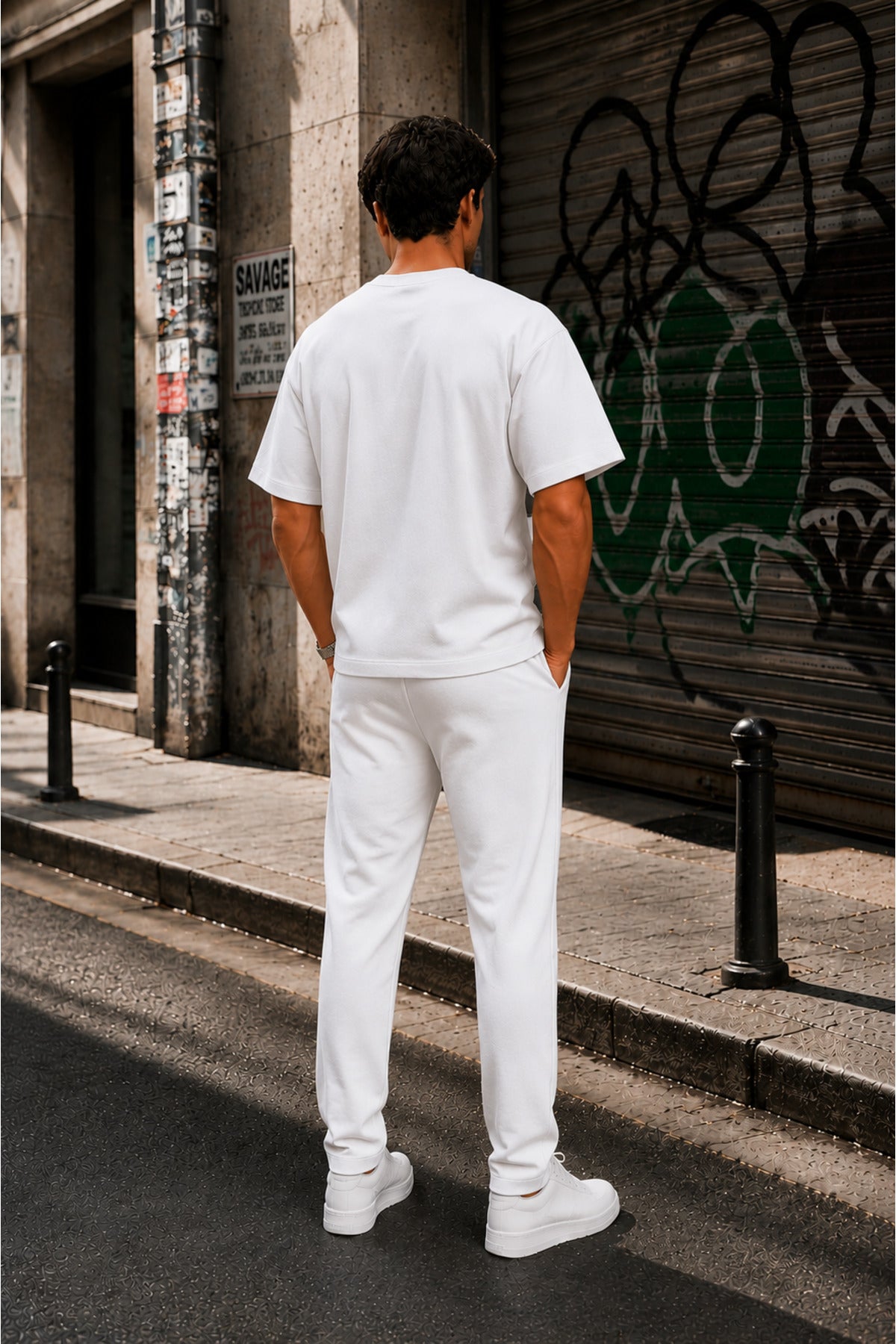 Erkek Premium Basic Takım Kısa Kollu Modern Kesim Eşofman Takımı - Beyaz - 3