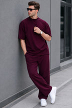 Erkek Yazlık Bisiklet Yaka Oversize Eşofman Takımı - Bordo - 2