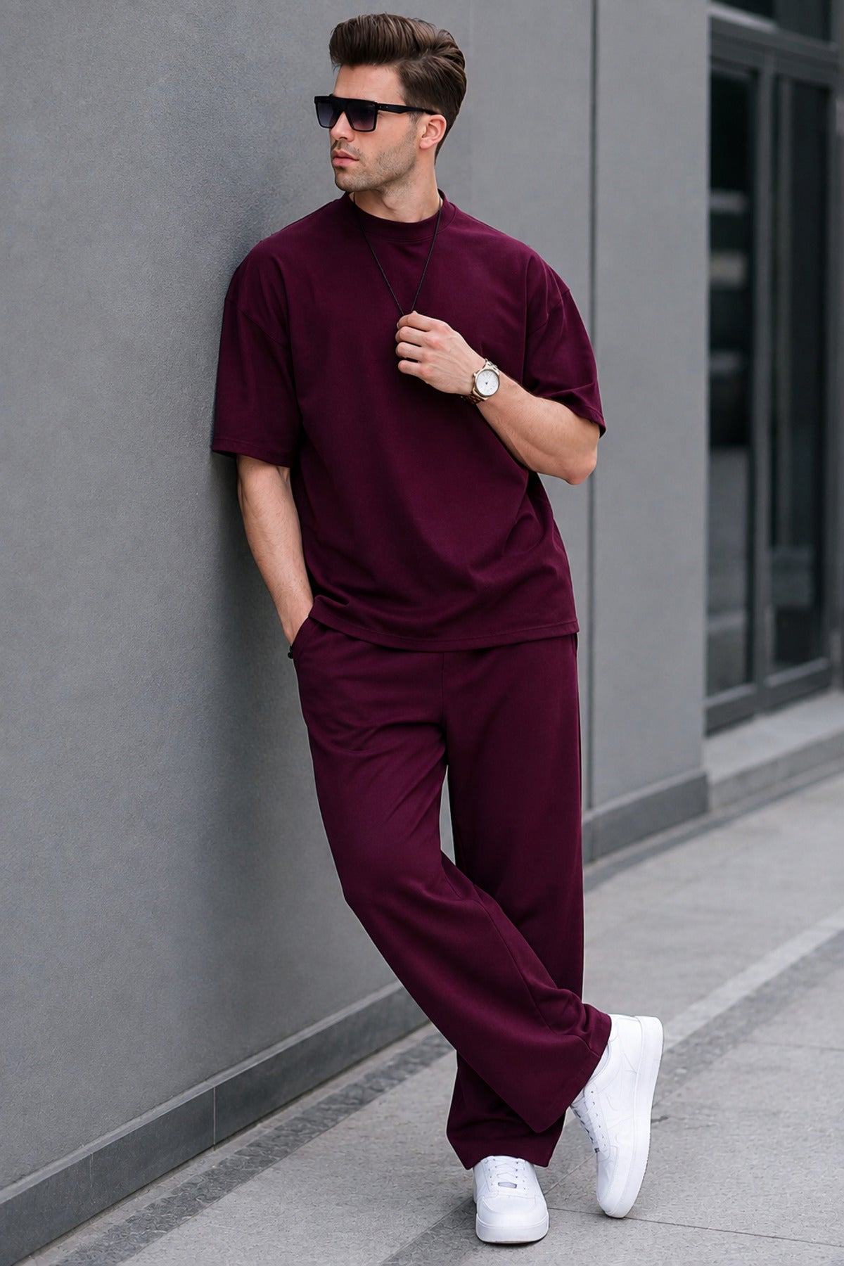 Erkek Yazlık Bisiklet Yaka Oversize Eşofman Takımı - Bordo - 2