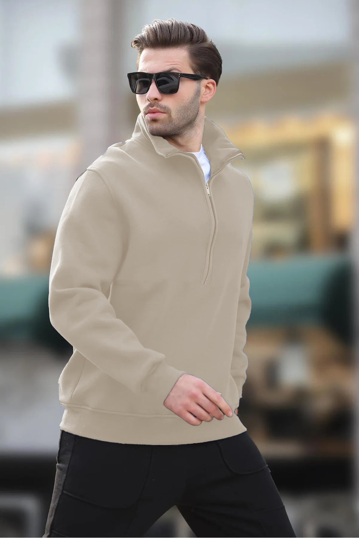Erkek Yarım Fermuarlı Dik Yaka Oversize 3 İ̇plik Şardonlu Sweatshirt - Bej - 1