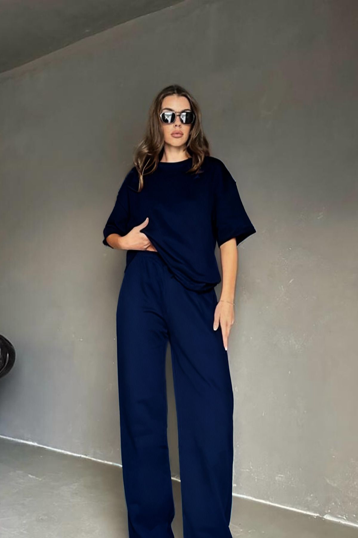 Kadın Lacivert Batik Düğmesiz Kısa Kol Pamuklu Pijama Takımı - Lacivert - 1