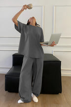 Kadın Bisiklet Yaka Yazlık Kısa Kollu Pijama Takımı - Füme - 4