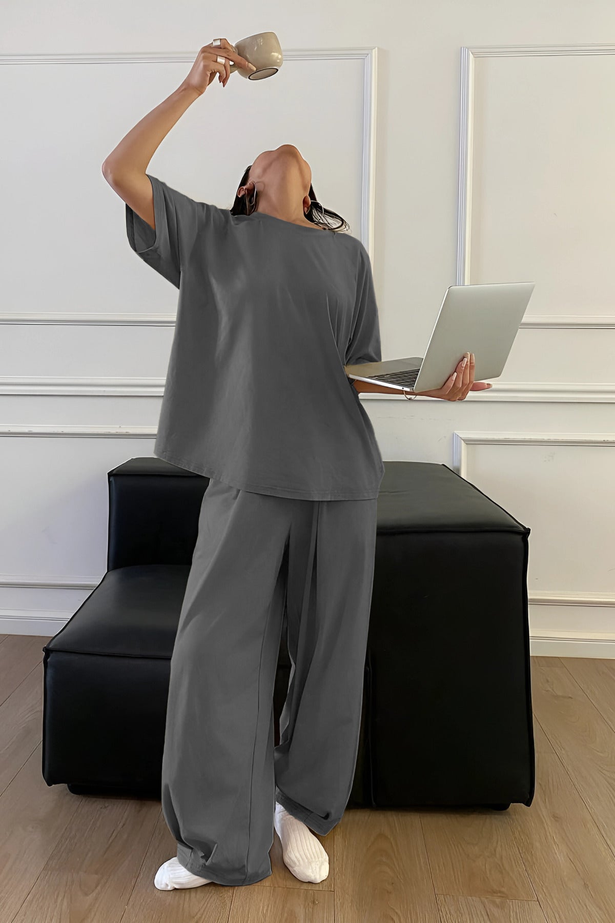 Kadın Bisiklet Yaka Yazlık Kısa Kollu Pijama Takımı - Füme - 4