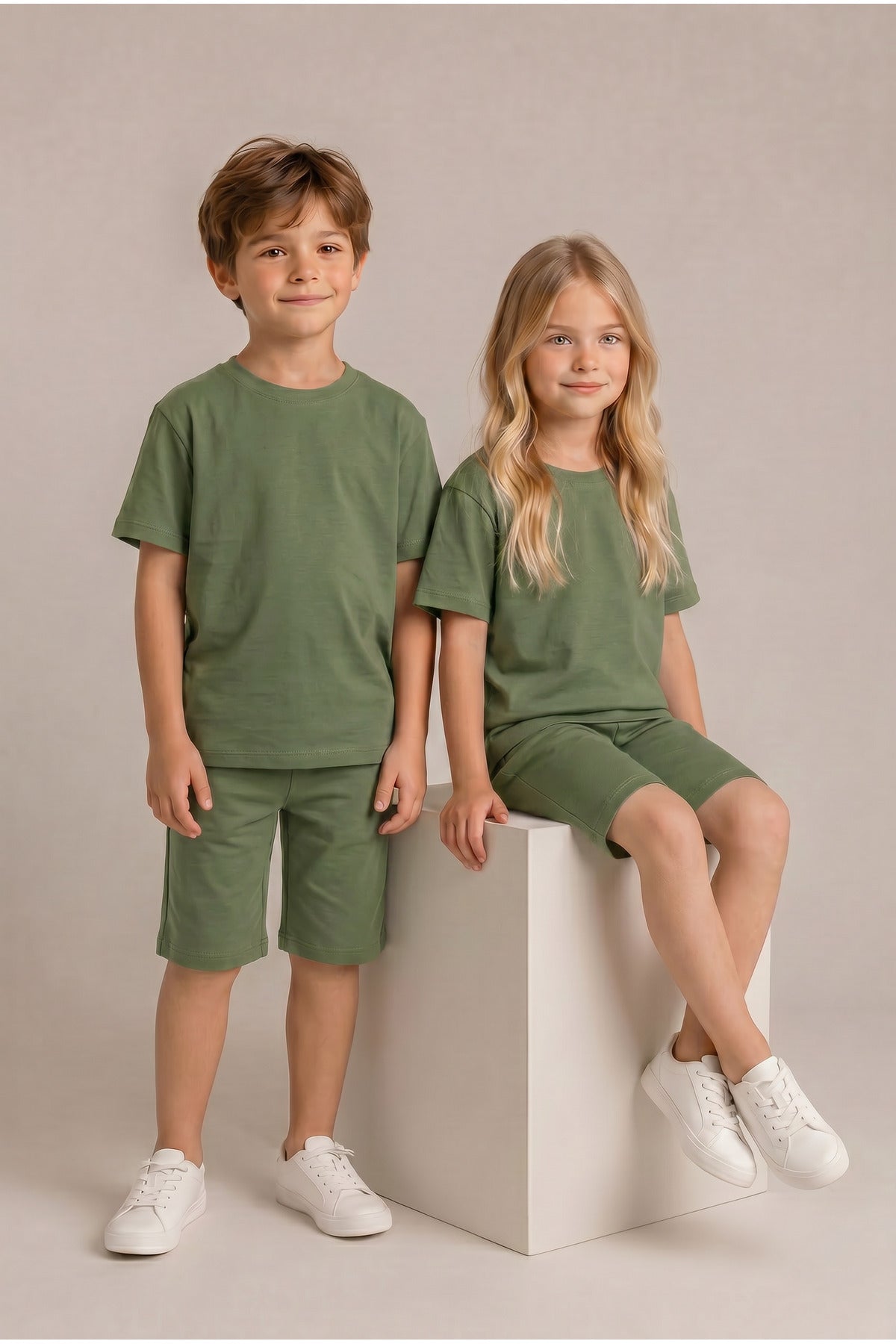 Çocuk Kısa Kollu Baskısız Basic Oversıze Geniş Kalıp Beli Bağlamalı Esnek 1-10 Yaş Arası Yaz Sezonu Sportif T-shirt / Şort Takım - Yeşil - 4