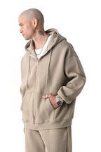 Erkek Basic Bej Unisex Tam Fermuar Sweatshirt Hırka - Bej - 2