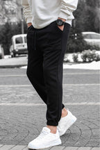 Erkek Jogger Şardonlu Beli Lastikli Cepli 3 İ̇plik Eşofman Altı - Siyah - 3