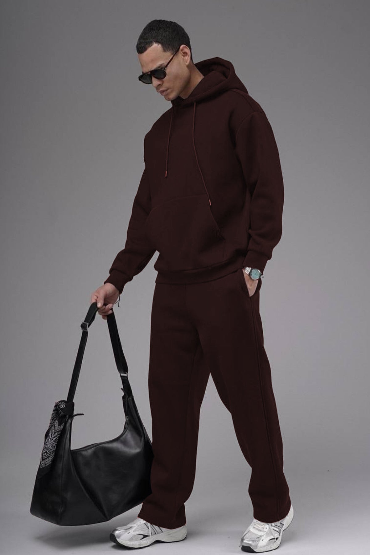 Erkek Baggy Geniş Paça Beli Lastikli Geniş Kesim Kışlık Eşofman Takımı - Kahverengi - 2