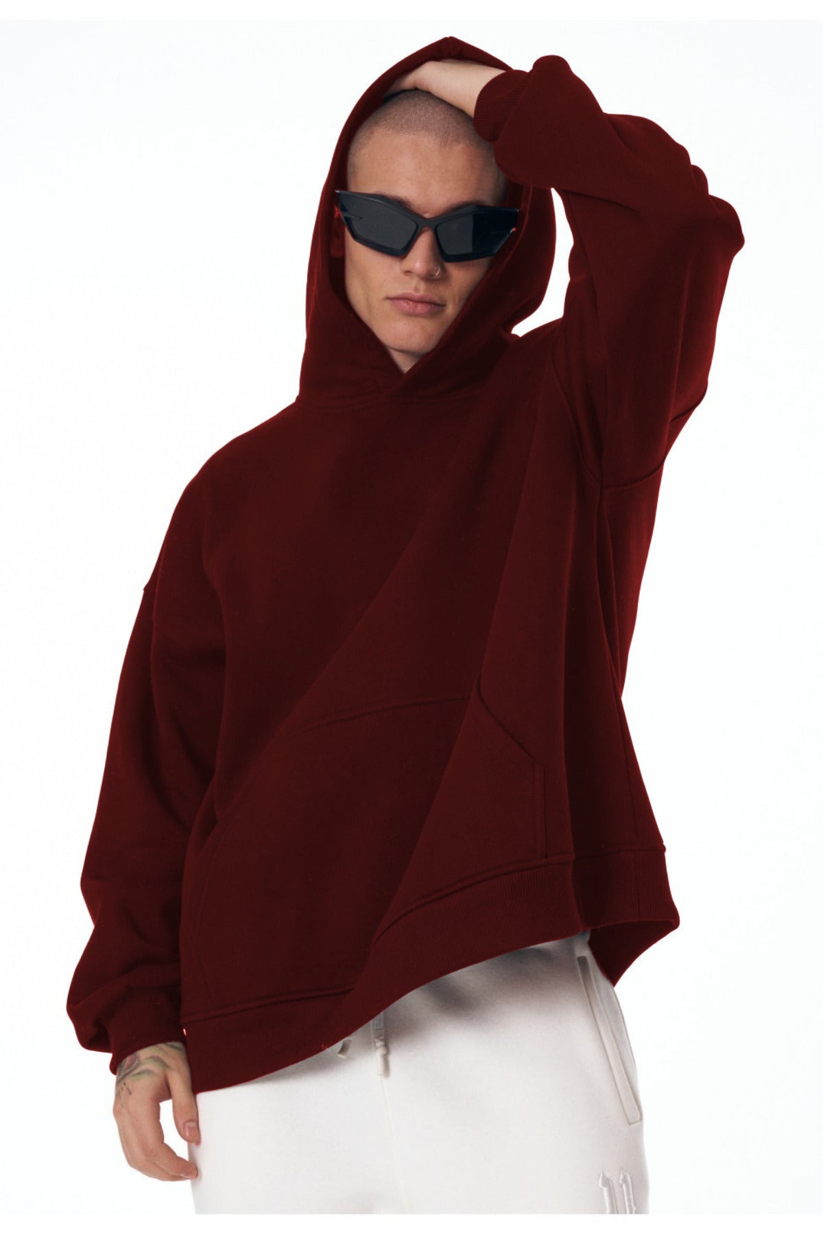 Erkek Bol Kesim Oversize 3 İ̇plik İ̇çi Pamuklu Şardonlu Kanguru Cep Kapşonlu Kışlık Hoodie Sweatshirt - Bordo - 1