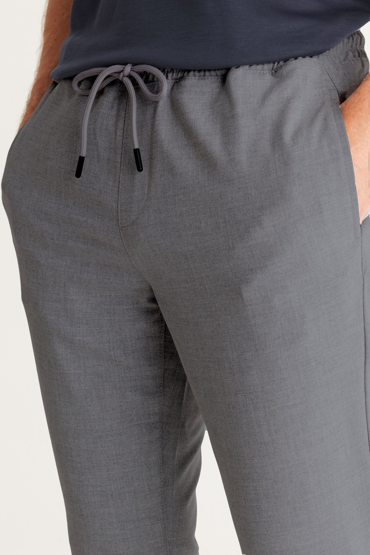 Erkek Beli Lastikli Likralı Duble Kumaş Pantolon - Gri - 4