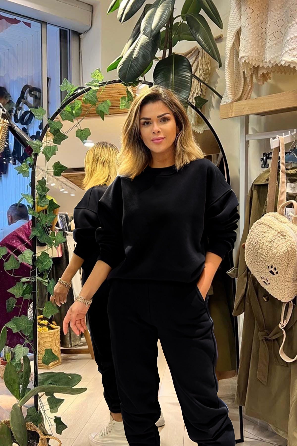 Kadın Bisiklet Yaka Oversize Şardonlu Eşofman Takımı - Siyah - 4