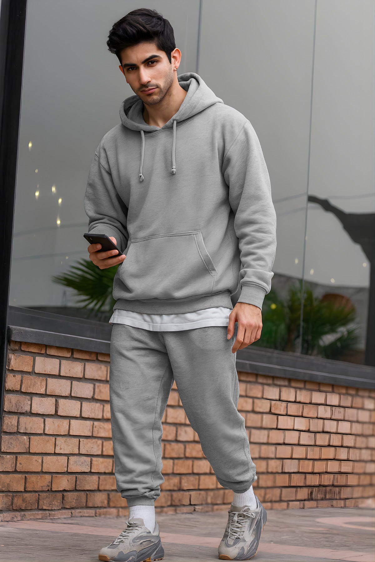 Erkek Oversize 3i̇pliki Şardonlu Basic Eşofman Takımı - Gri - 2