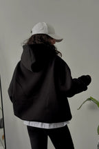 Kadın Kapşonlu Kalın Kanguru Cepli Sweatshirt - Siyah - 2