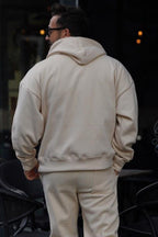 Erkek Premium Kaliteli Kışlık Hoodie Sweatshirt - Bej - 3