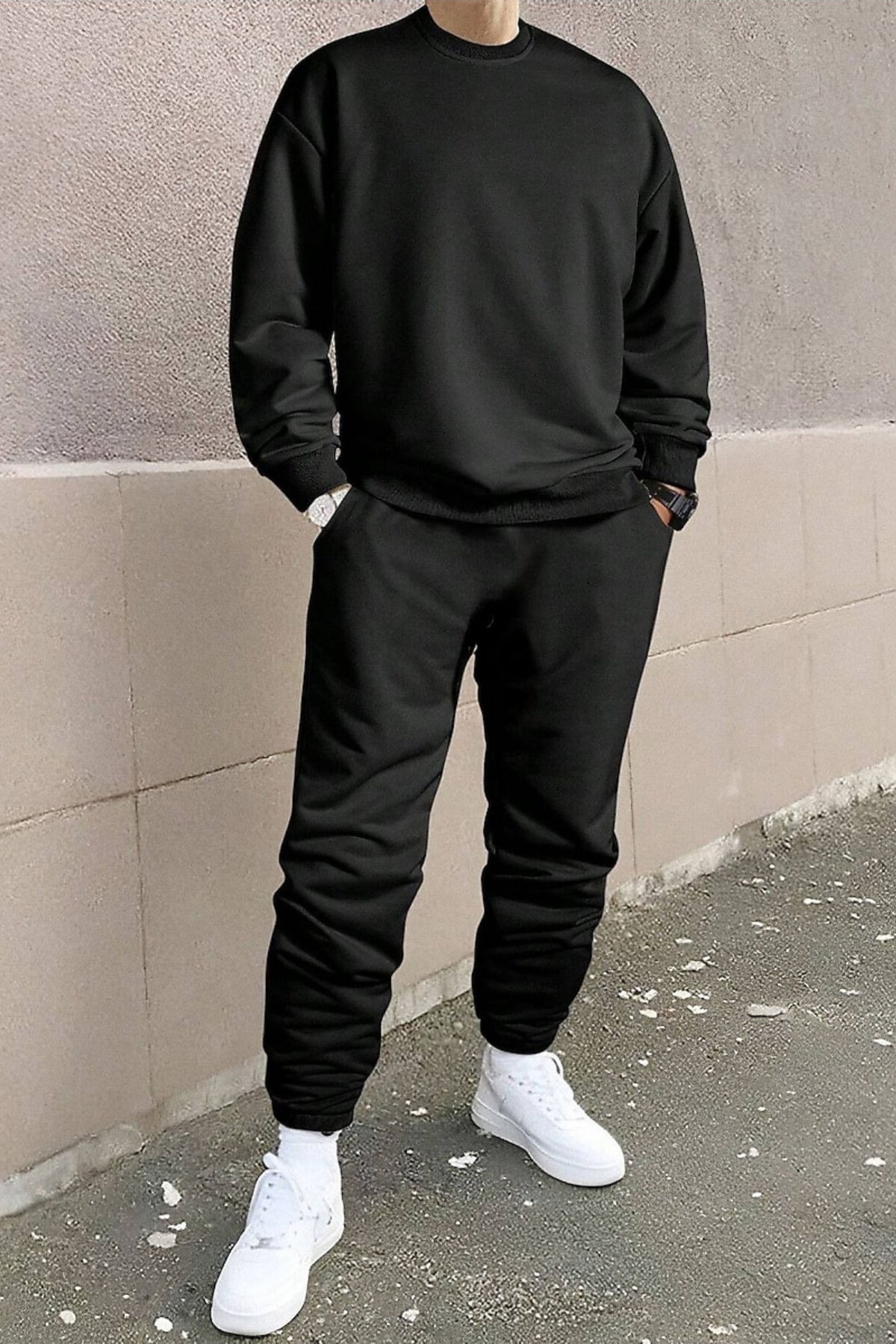 Oversize Rahat Kalıp Günlük Ve Spor Bisiklet Yaka Eşofman Takımı - Siyah - 2