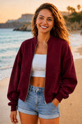 Kadın Oversize Fermuarlı Çıma Desenli Yeni Sezon Trend Bomber Ceket - Bordo - 1