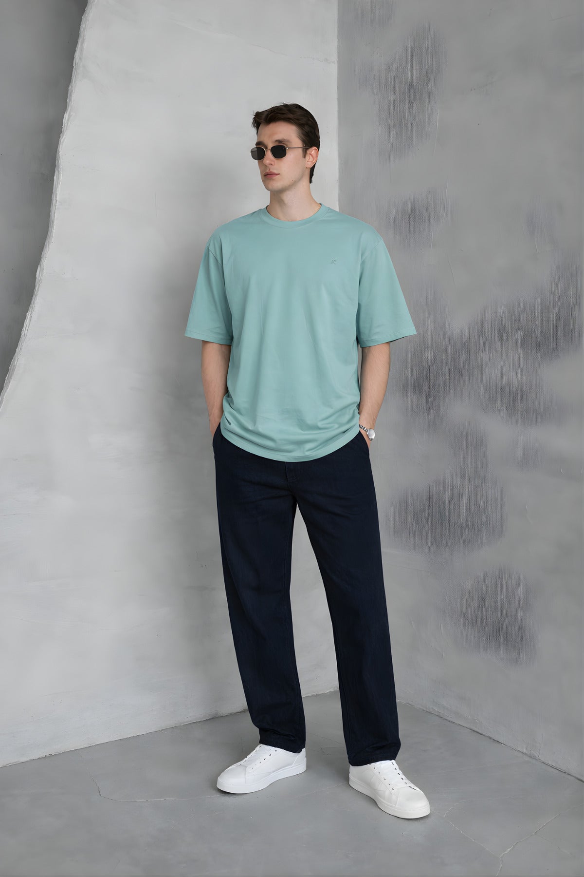 Erkek Siyah Basic Oversize Tişört Rahat Kalıp Düz Minimal Pamuklu Günlük T-shirt - Deniz Mavisi - 1