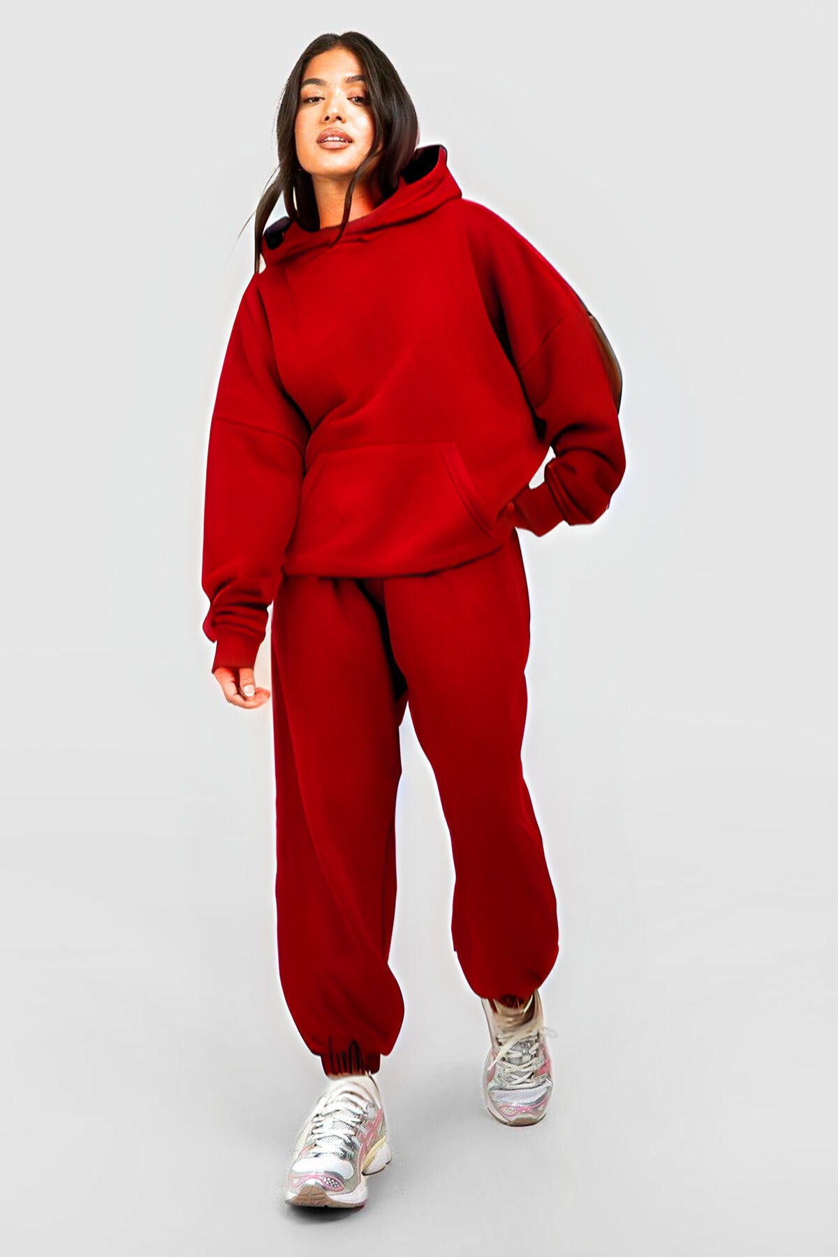Kadın 3 İ̇plik Kanguru Cep Kapşonlu Hoodie Paçası Lastikli Kalın Eşofman Takımı - Kırmızı - 1