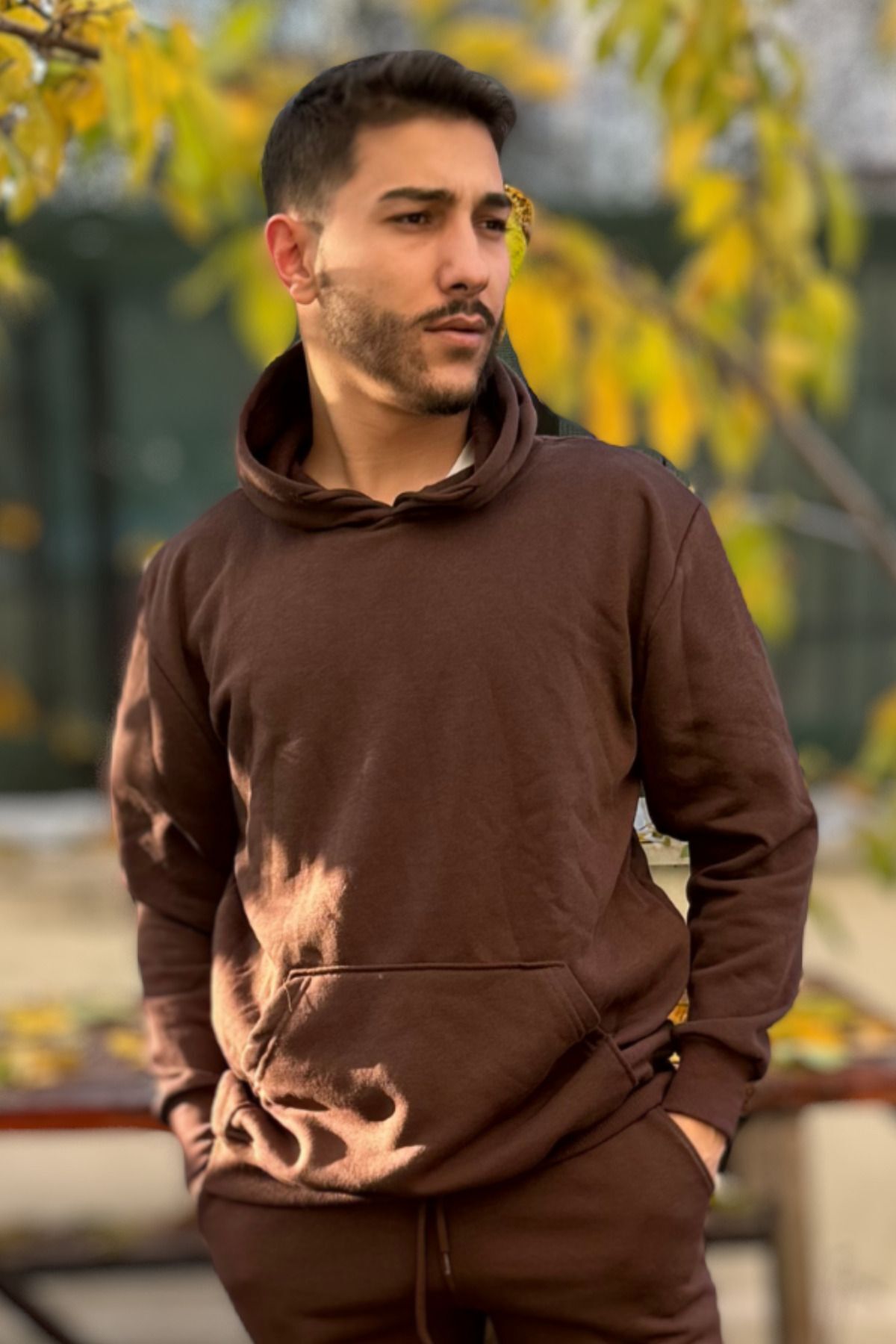 Erkek Kapşonlu Kanguru Cepli̇ 3 İ̇pli̇k Oversi̇ze Sweatshi̇rt - Kahverengi - 1