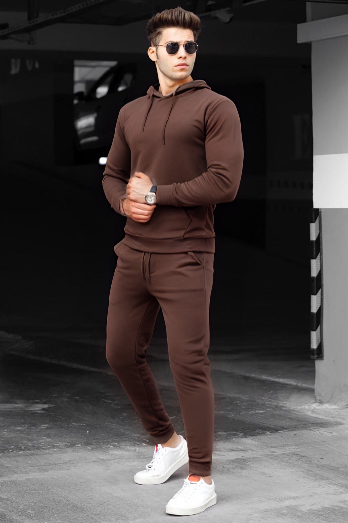 Erkek 3i̇plik Oversize Şardonlu Günlük Eşofman Takımı - Kahverengi - 1
