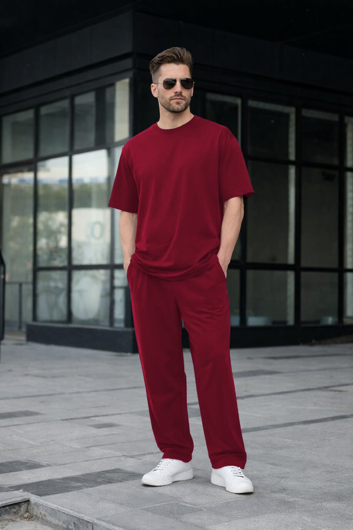 Erkek Basic Oversize Takım Kısa Kollu Penye Konforlu Kombin - Bordo - 3