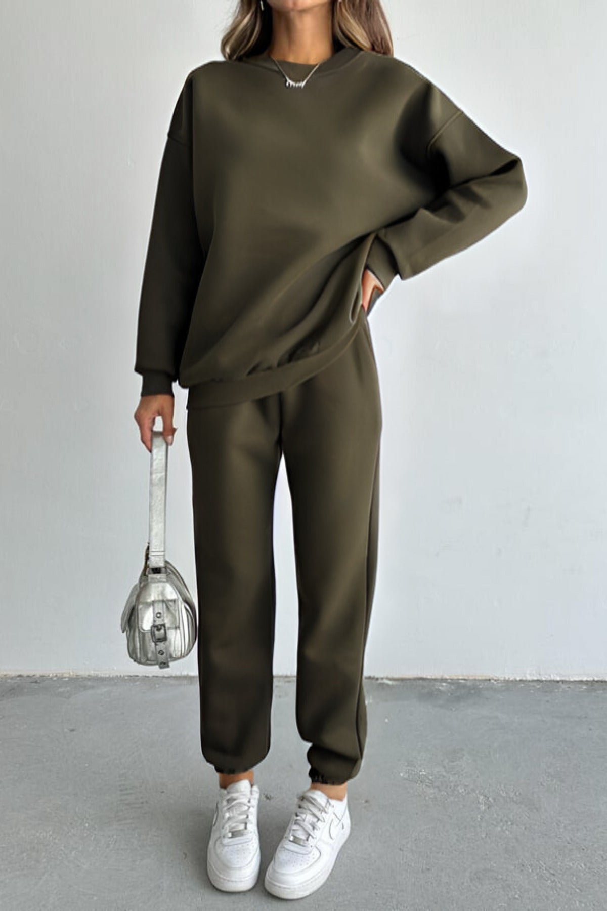 Kadın Oversize Geniş Kalıp Basic Pamuklu Eşofman Takıım - Haki - 1