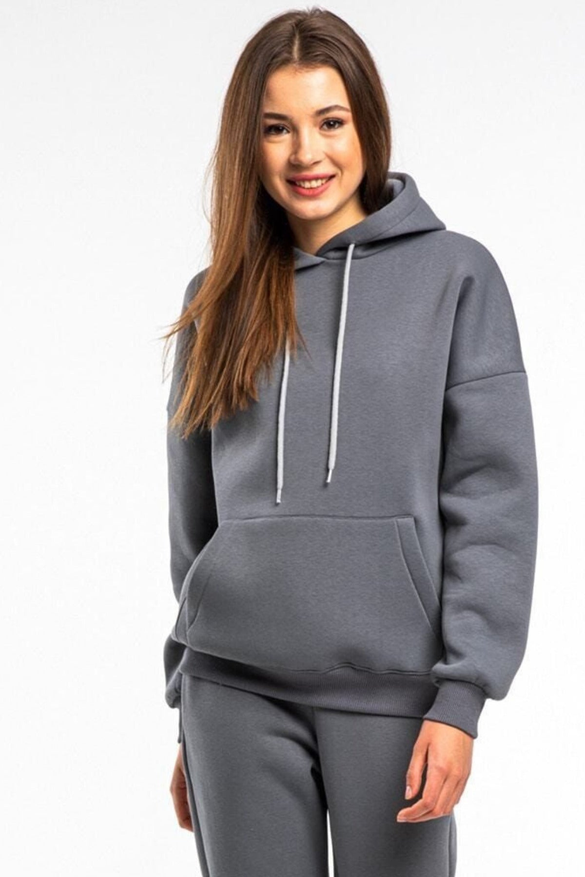 Kadın Rahat Kalıp Günlük Kapşonlu Sweatshirt - Füme - 1