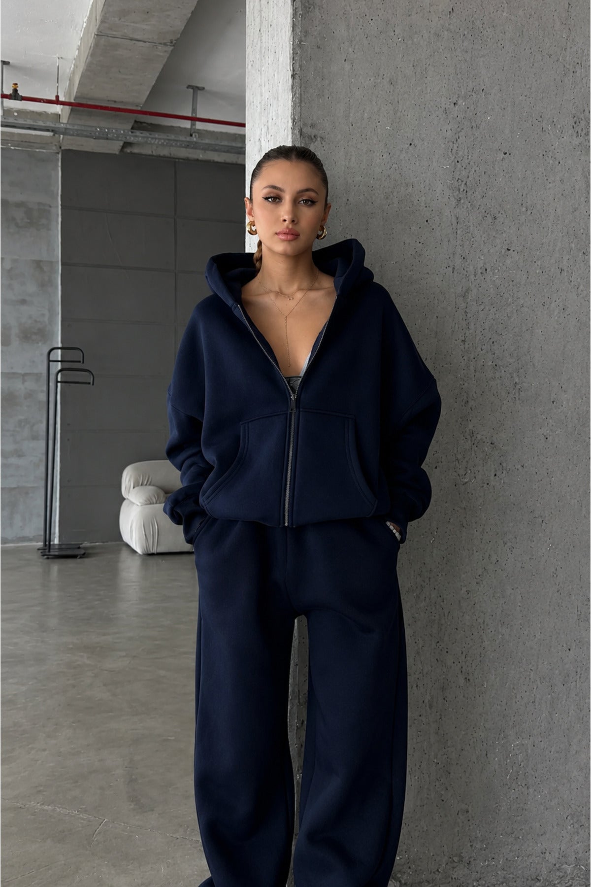 Kadin 3 İ̇pli̇k Oversi̇ze Fermuarli Sweatshi̇rt Hirka - Lacivert - 3