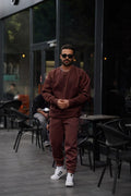Erkek Unisex 3 İ̇plik Kahve Takim Bisiklet Yaka Sweatshirt Ve Eşofman Altı - Kahverengi - 1