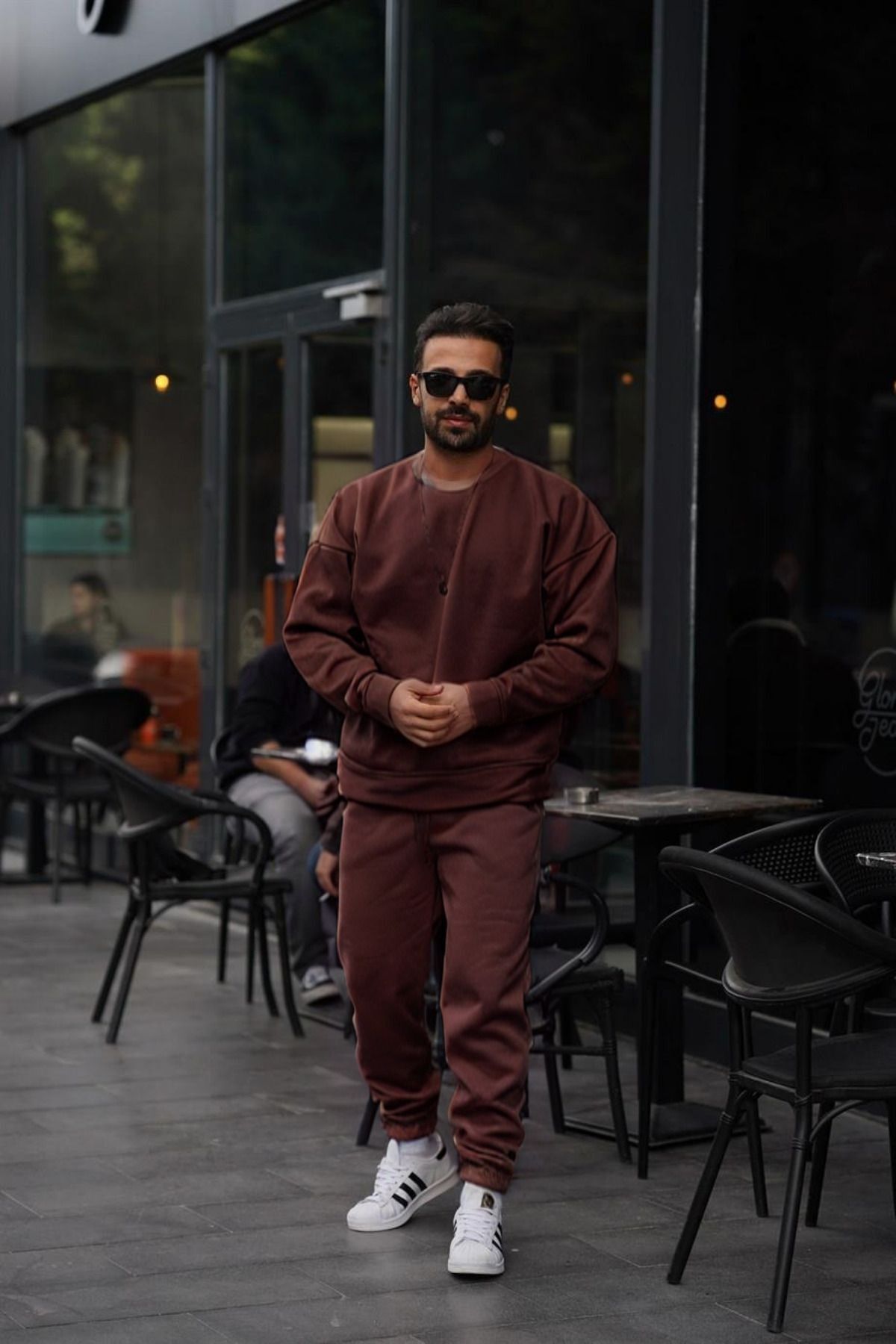 Erkek Unisex 3 İ̇plik Kahve Takim Bisiklet Yaka Sweatshirt Ve Eşofman Altı - Kahverengi - 1