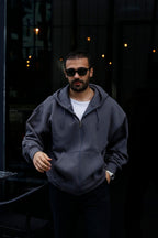 Erkek 3 İ̇plik Smoked Tam Fermuarlı Hoodie Sweatshirt - SMOKED - 1