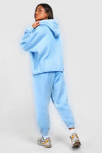 Kadın 3 İ̇plik Kanguru Cep Kapşonlu Hoodie Paçası Lastikli Kalın Eşofman Takımı - Bebe Mavisi - 3