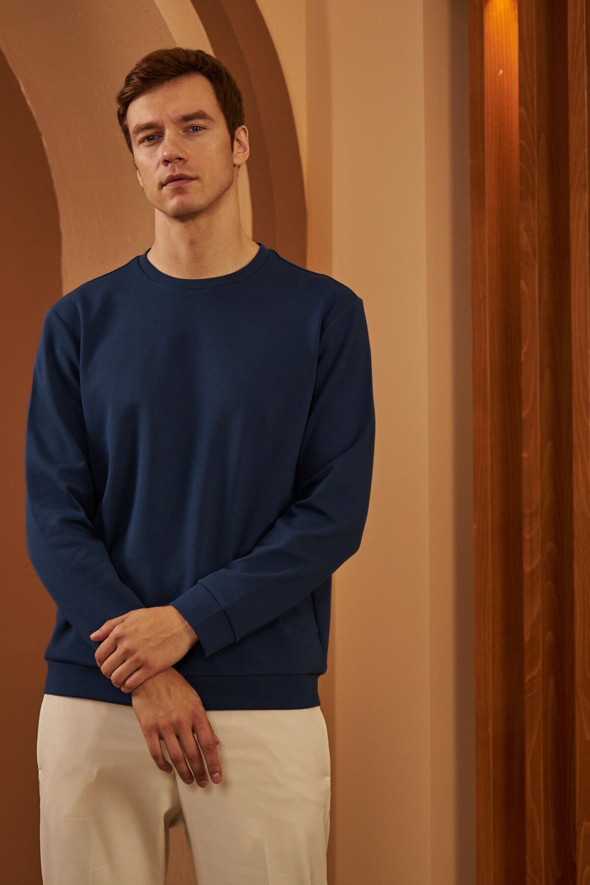 Erkek Bisiklet Yaka Uzun Kollu Oversize Sweatshirt - Lacivert - 2
